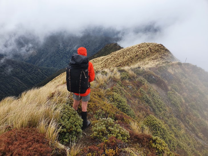 A tramper standing on top of a mountain ridge with their back to the camera.