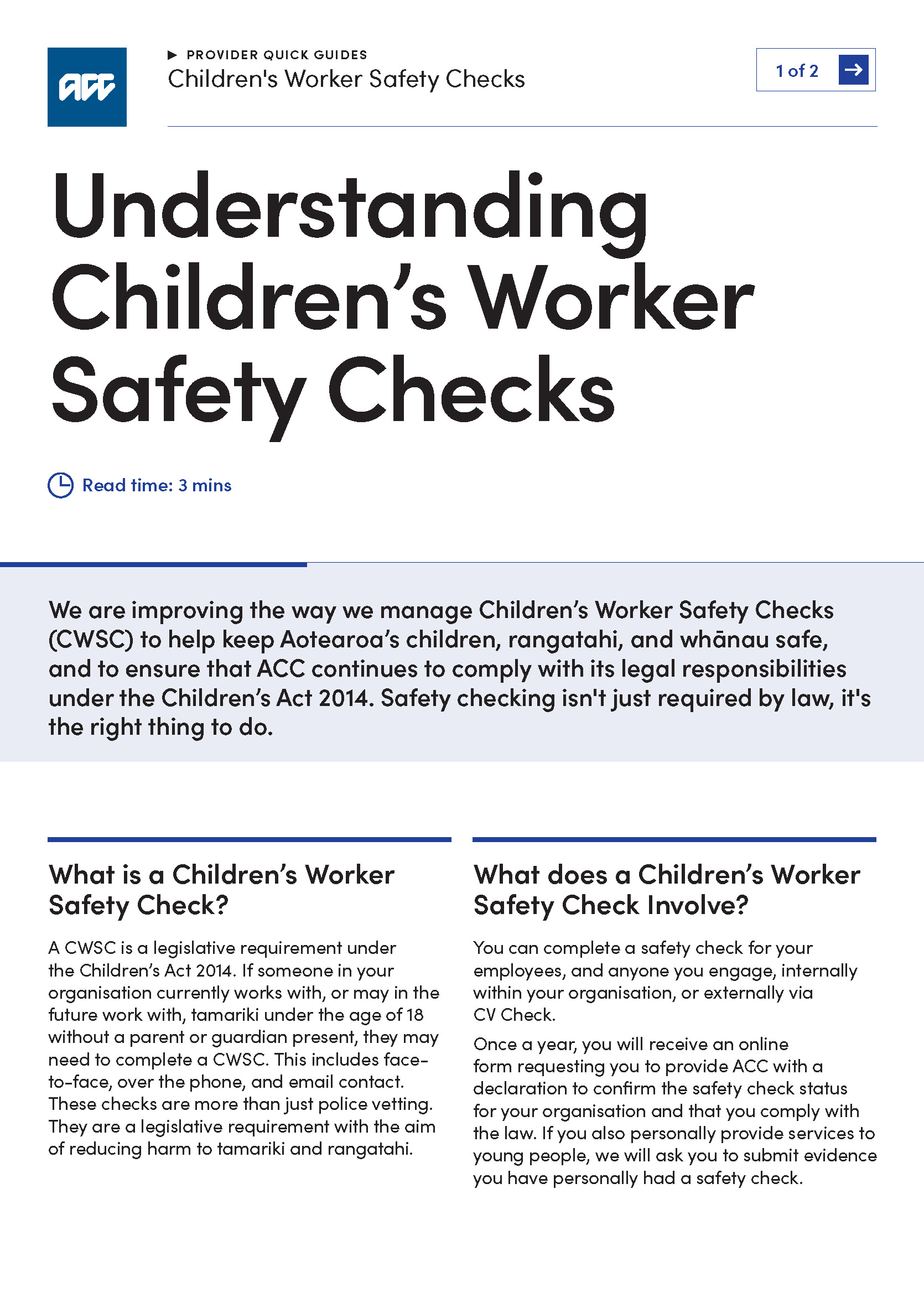 Cover page of children's worker safety check quick guide